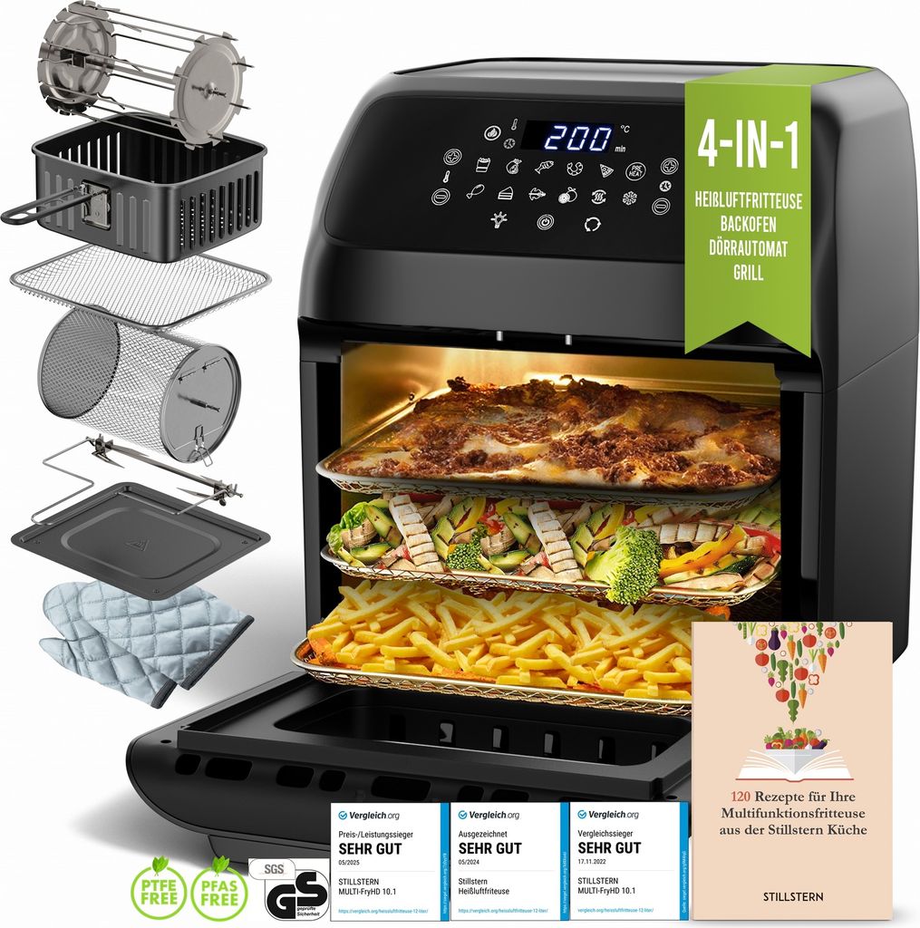 Stillstern Heißluftfritteuse XXL 12L mit LED-Touchscreen, Rezeptbuch auf Deutsch, 12 Programme, Vorheizen&Warmhalten, 1800W Heissluftfritteuse Air...