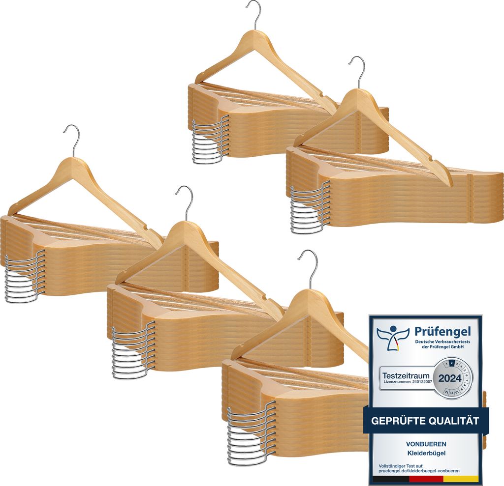 Multiple stacks of wooden hangers with metal hooks, presented against a white background.