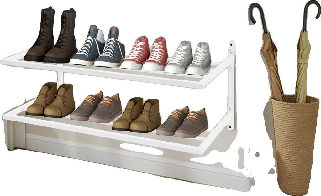 Étagère à chaussures murale blanche 2 niveaux compacte pour entrée