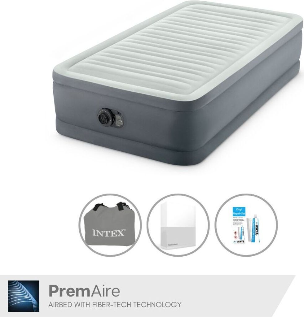 Intex Luftbett - 1 Person - 99 x 191 x 46 cm - Grau - Mit elektrischer Pumpe + Spannbettlaken Weiß + Reperaturset