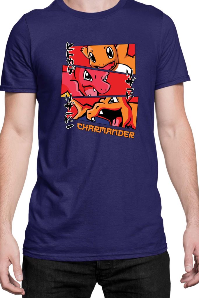 Herren T-Shirt Japan Manga Anime Comics Animation Pokeball Charmander Evolutions, Man 3XL / Dunkelblau