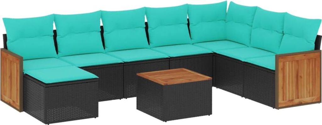 vidaXL 9-teiliges Gartensofa-Set mit Kissen, schwarzes Polyrattan