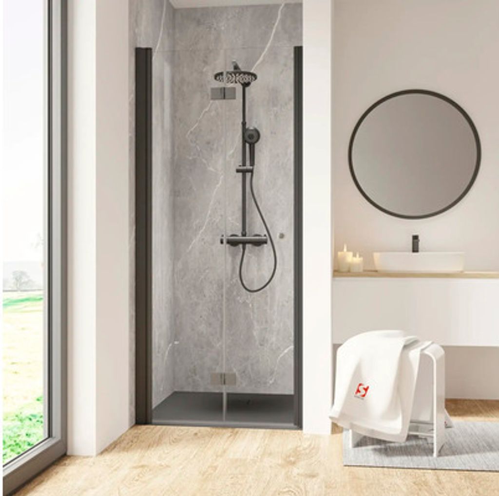 Duschtür in Nische mit Drehfalttür SCHULTE Garant 2.0 ExpressPlus 90 cm Profil schwarz Klarglas schmutzabweisende Glasbeschichtung Türanschlag l...