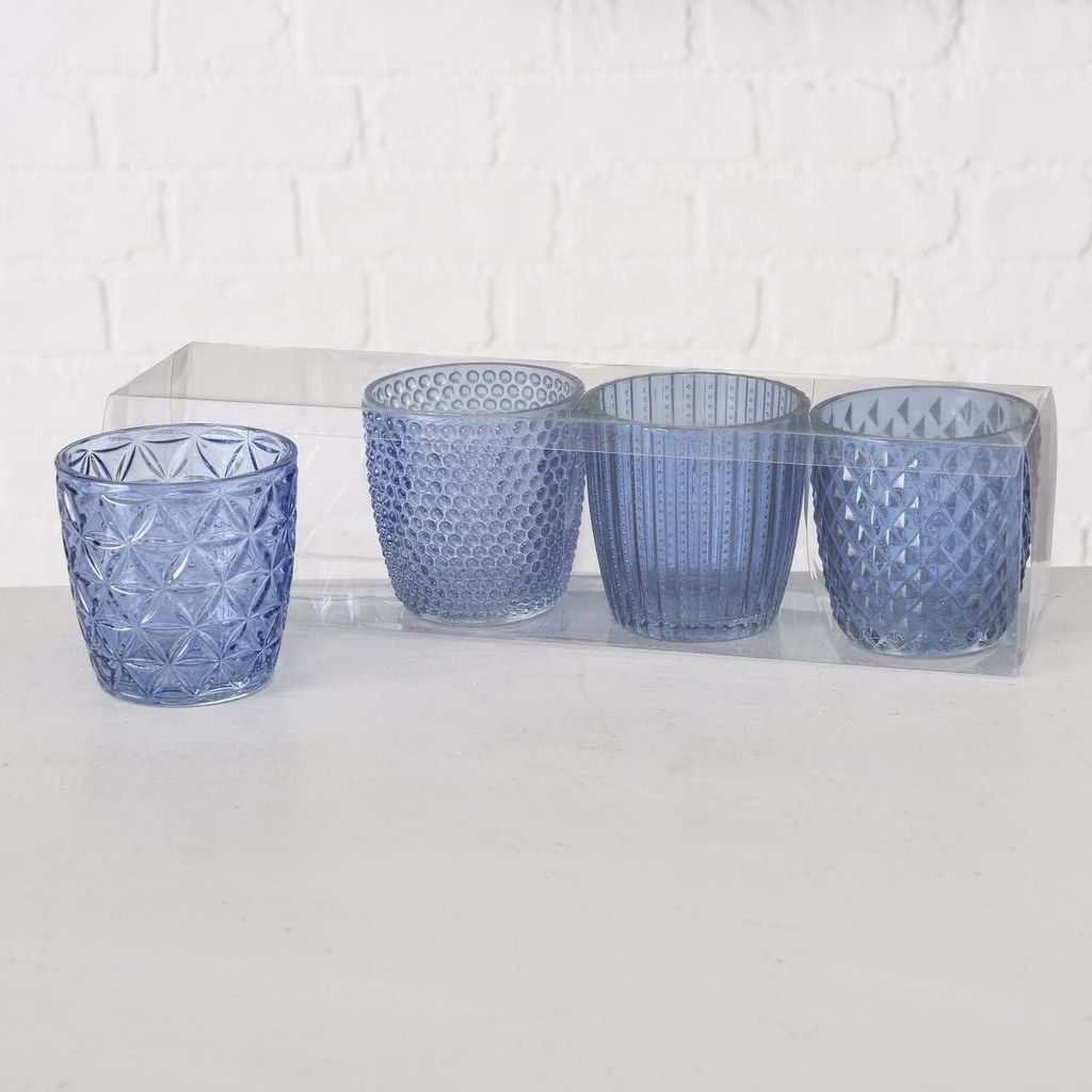 Windlicht aus lackiertem Glas in Blau - dekoratives Stimmungslicht - Set von 4