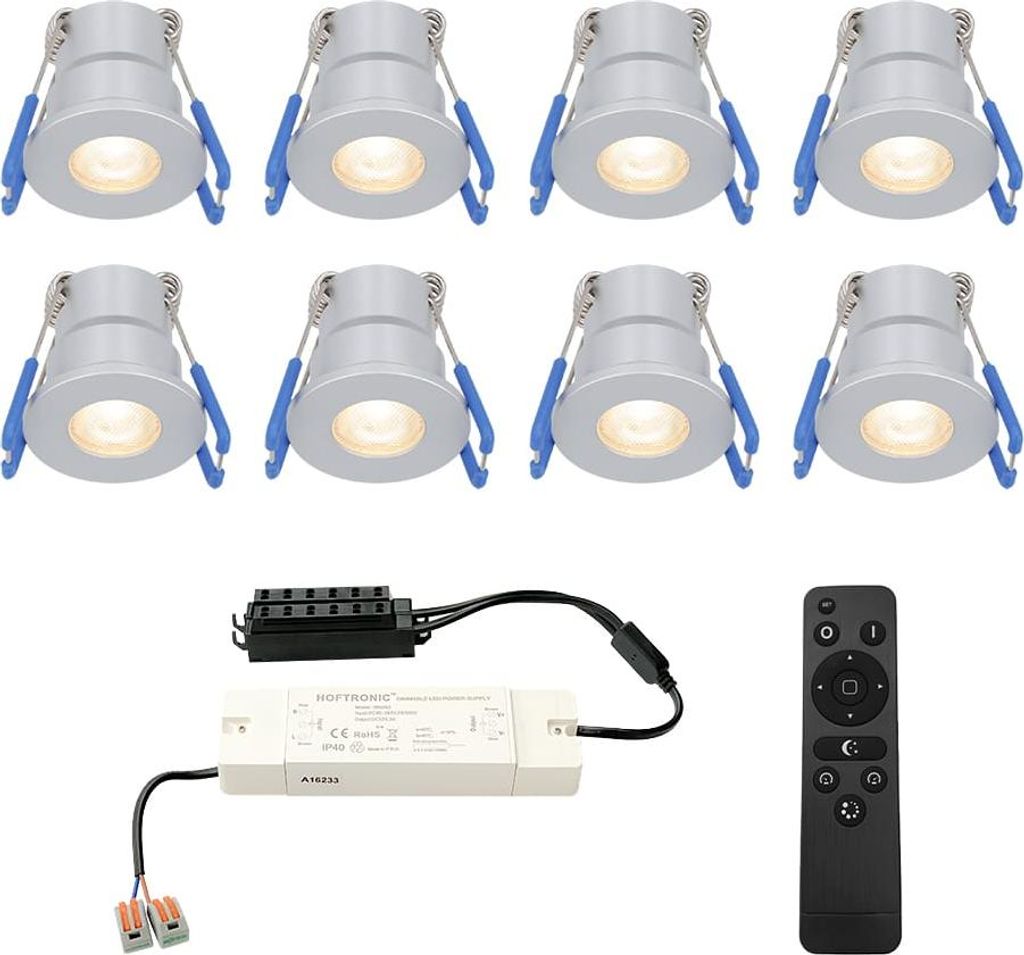 hoftronic Milano Mini LED Einbaustrahler 3W 200lm 2700K IP65 Dimmbar Grau 8er Set