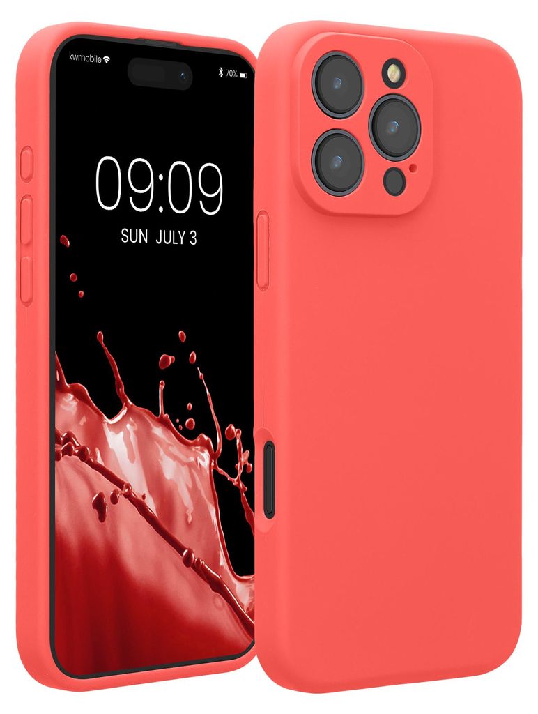 kwmobile Handyhülle für Apple iPhone 16 Pro Max Hülle - gummierte Handy Silikon Case für iPhone 16 Pro Max - Schutzhülle Cover - Neon Koralle