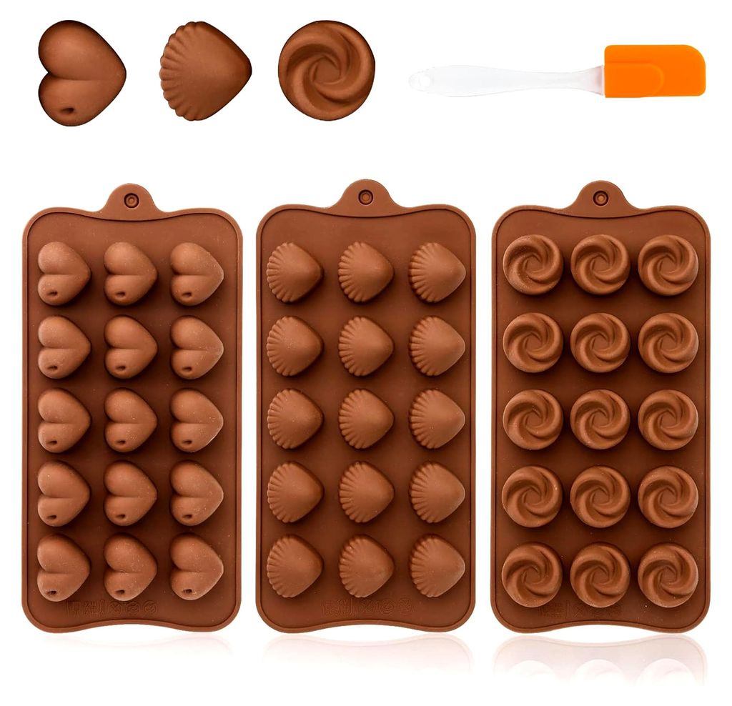 3 Stück Silikon-Schokoladenform mit Spatel, 3D Pralinenform, BPA-frei und antihaftbeschichtet, für Schokolade, Muffins, Kuchen