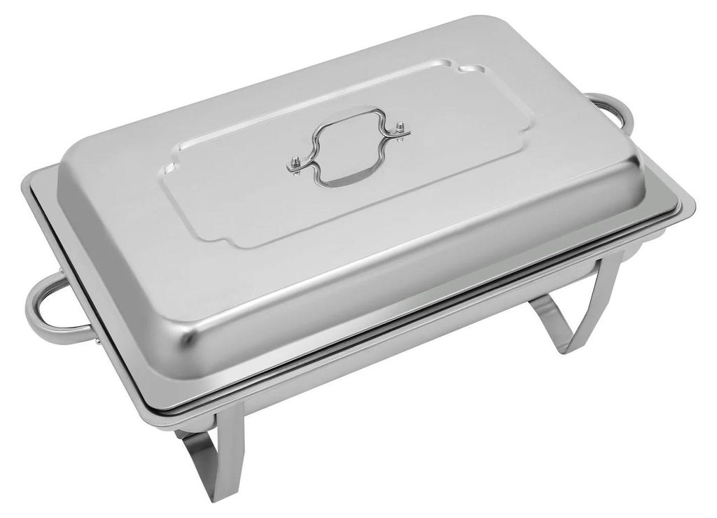 Chafing Dish - Speisenwärmer - Rechteckig - Volumen 9 l - Polierter Edelstahl - Spiritusheizung - Seitliche Griffe - Maße 62×34×31 cm - Silber