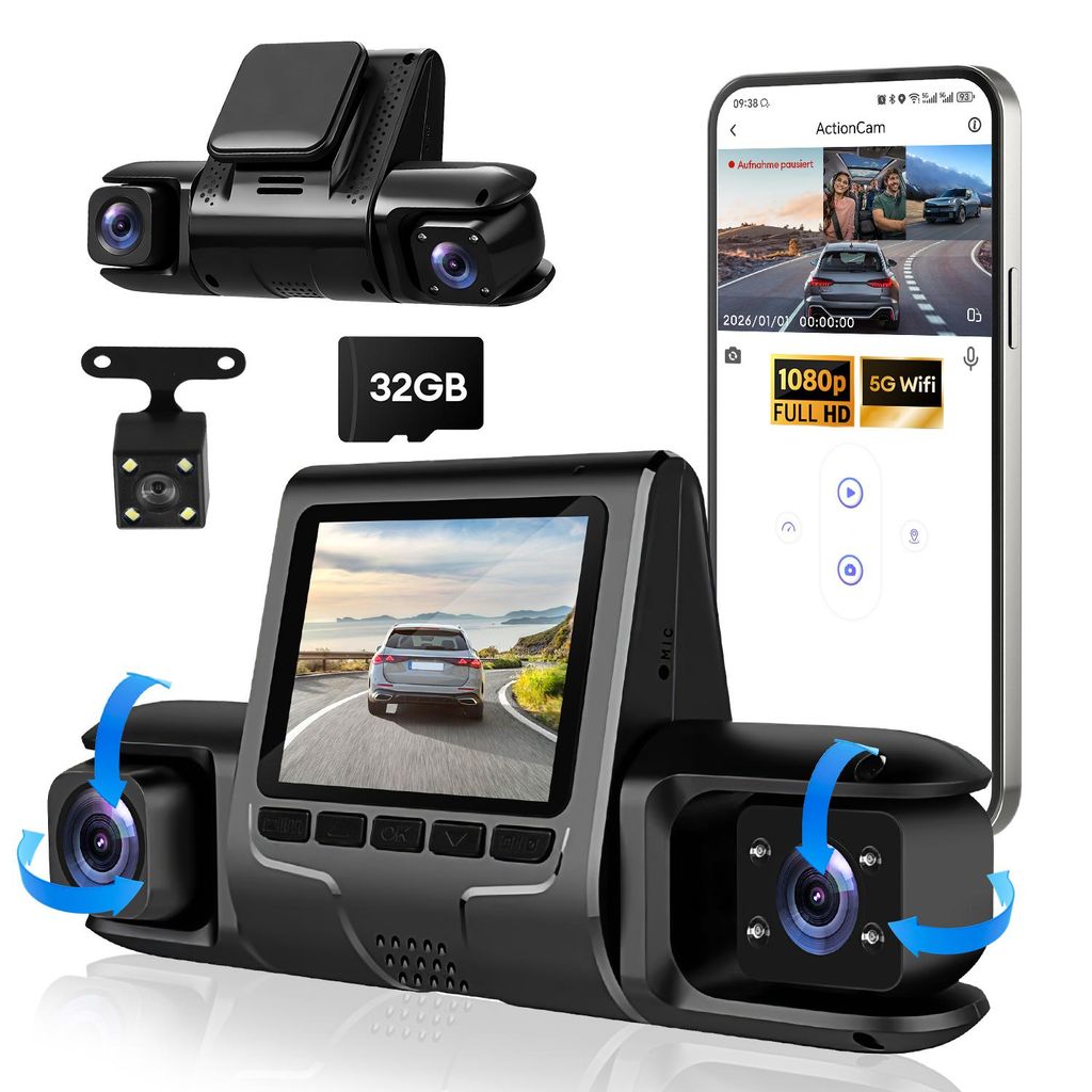 CkeyiN 1080P HDR Dashcam Auto 3-Kanal 1080P+1080P+720P Vorne Hinten Dashcam mit 32GB Speicherkarte 5GHz Wifi Loop-Aufnahme