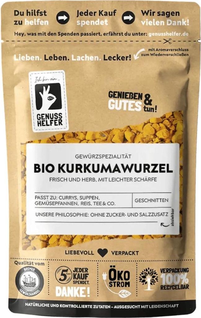 Kurkumawurzel , geschnitten, ideal für Kurkumatee, Gewürz zum Braten und für Soßen, 50g