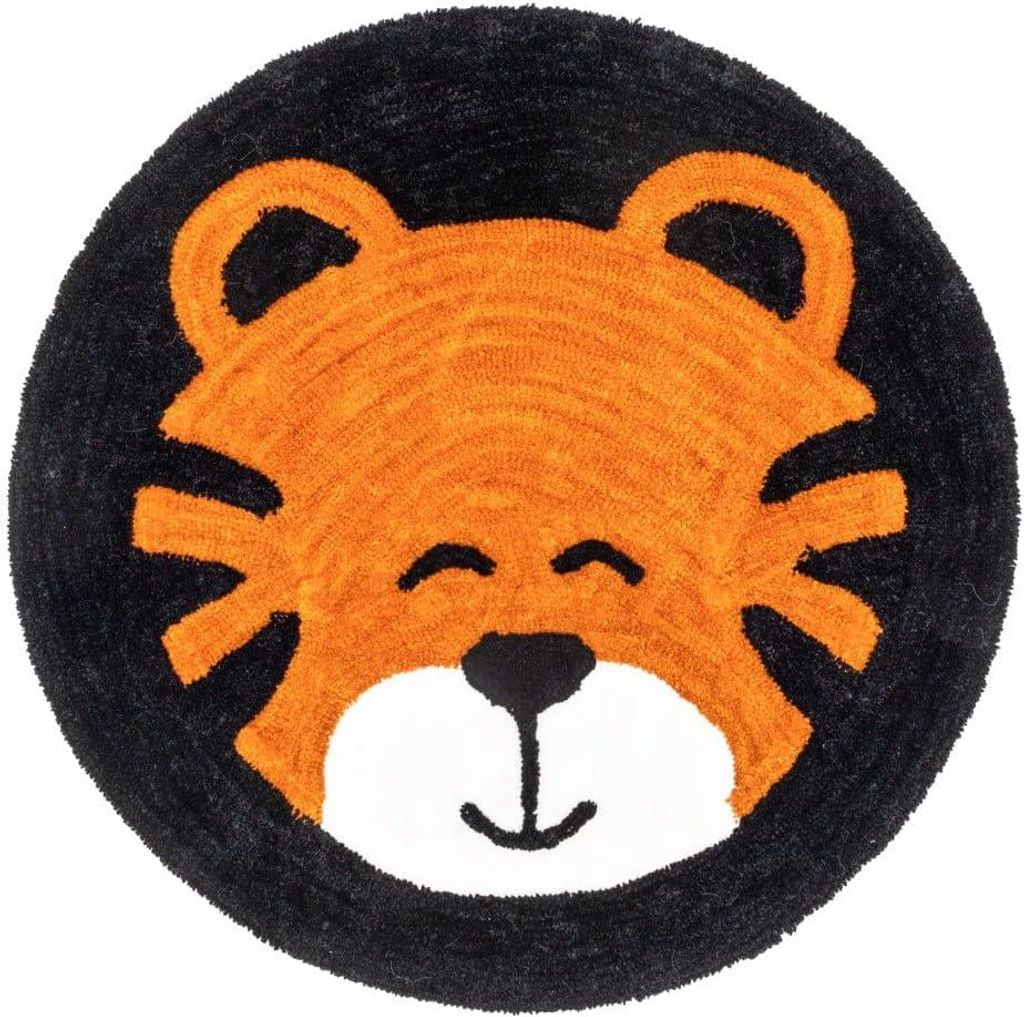 Jung 4Living Teppich Kinderzimmer Tiger Ø 100cm rund, moderner Kinderteppich Schlafzimmer, Flor, Pflegeleicht, Waschbar, für Jungen & Mädchen