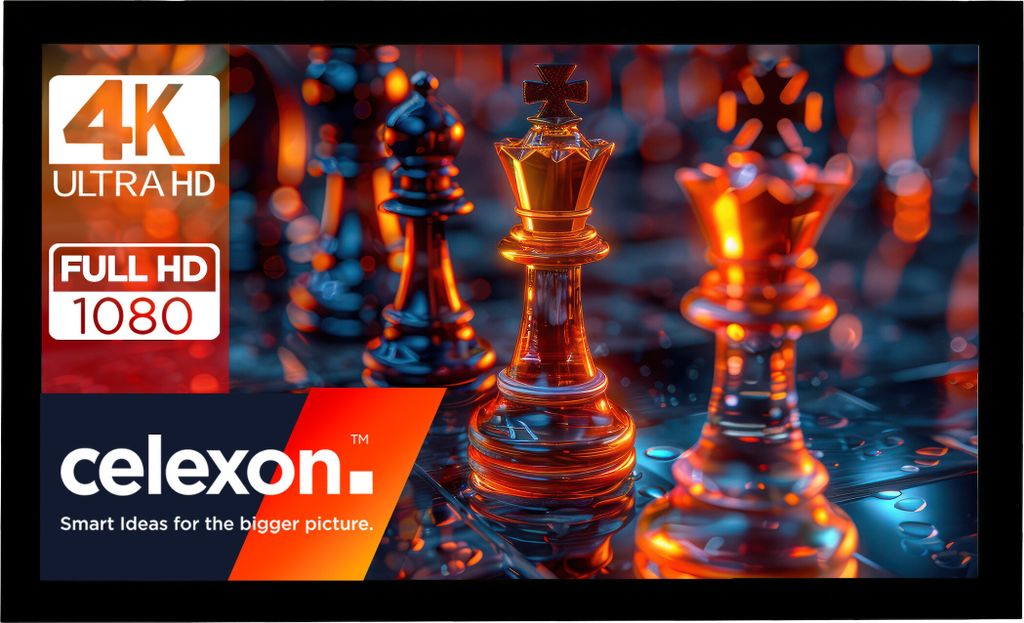 Marketing image for a projection screen, featuring chess pieces and resolution information.