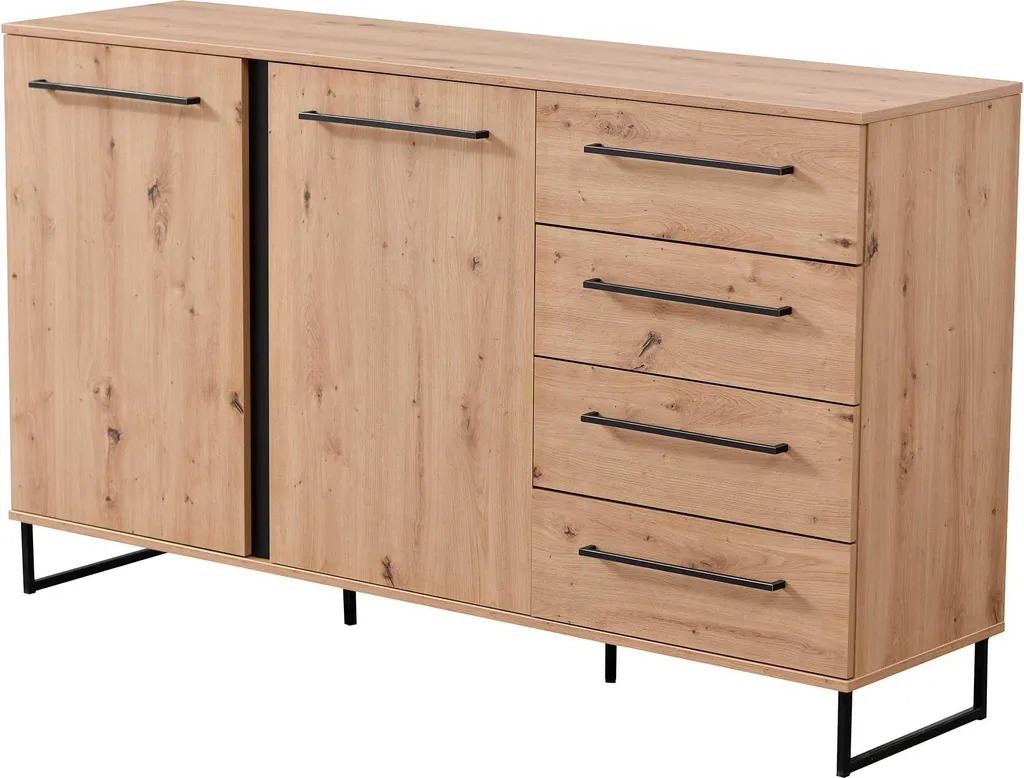 Buffet 4 portes Hoggas 159cm en chêne avec étagères de rangement chic