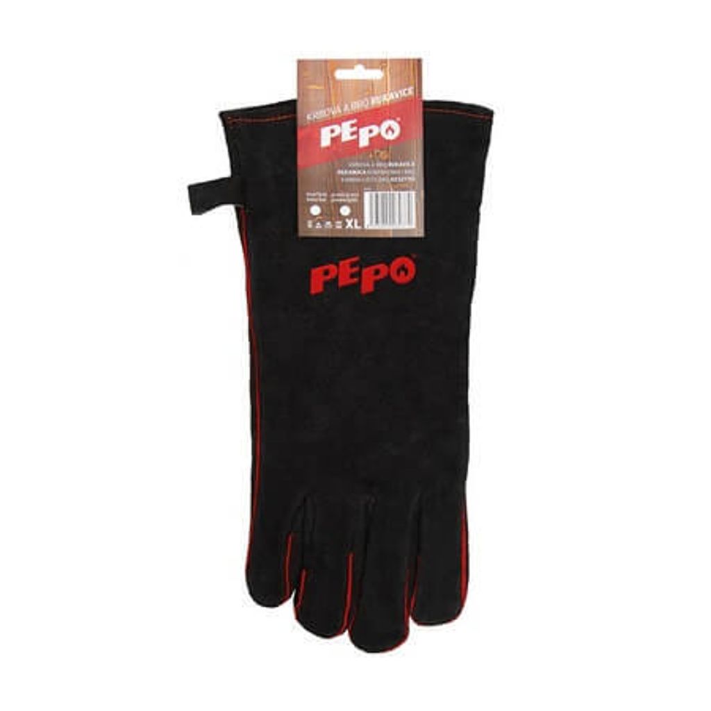 A black glove with red stitching and a product tag attached.