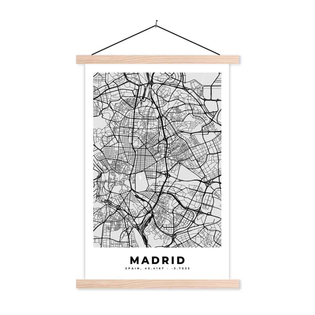 MuchoWow Textilposter Madrid - Schwarz und weiß - Stadtplan - Karte 120x180 cm mit holzfarbenen Rahmen - Textil-Plakat