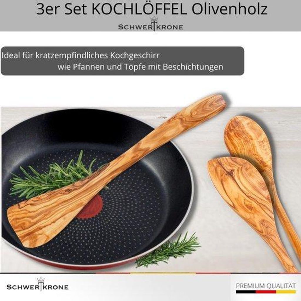 3-teiliges Kochlöffel-Set aus Olivenholz, Naturprodukt, schonend für Teflonpfannen