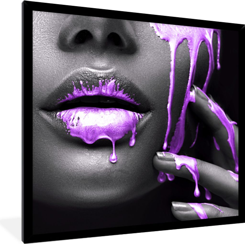 MuchoWow MuchoWow Gerahmtes Poster Lippen - Schwarz - Lila 40x40 cm - Poster mit zchwarzem Bilderrahmen - Mit Rahmen - Wanddekoration Schlafzimmer