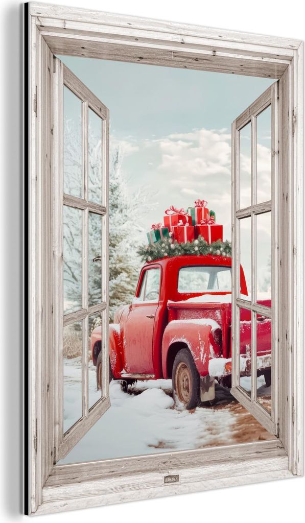 MuchoWow Wanddekoration Metall Metallbild Wandkunst 60x80 cm Auto - Rot - Geschenke - Winter - Weihnachten - Durchsichtig - Weiß MuchoWow Aluminiu...