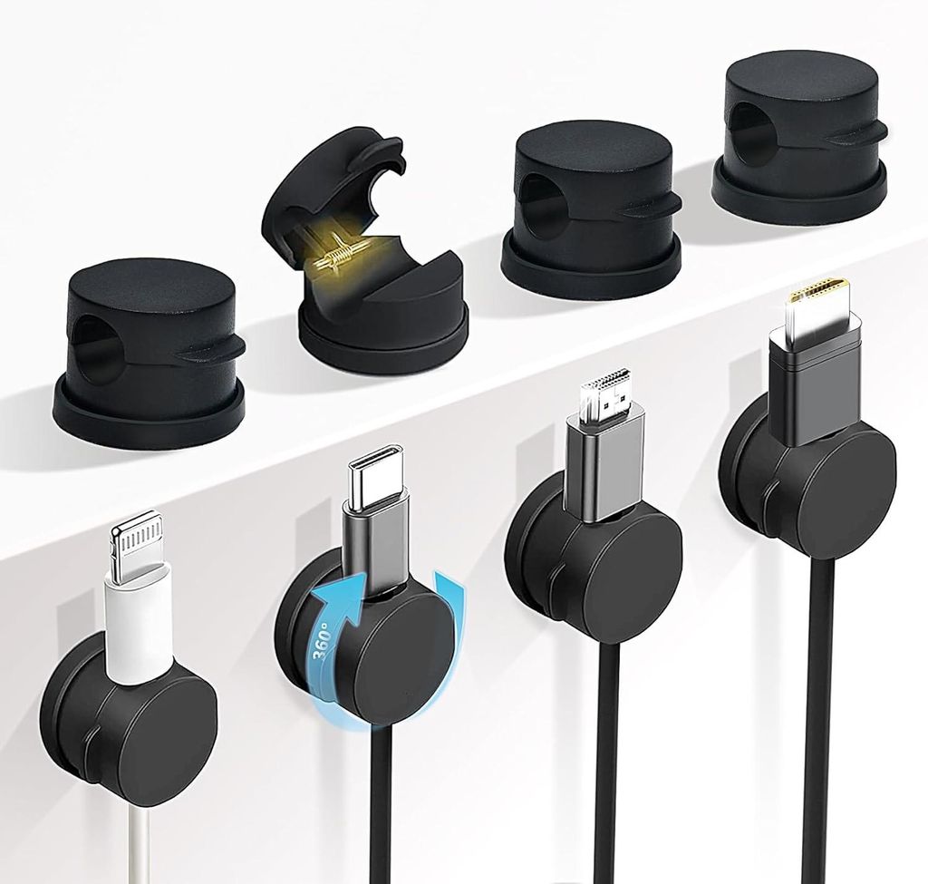 Set mit 8 um 360° drehbaren Kabelhaltern, federbelasteten Kabelorganisatoren, Kabelmanagement für den Schreibtisch, selbstklebenden Handy-Ladekab...