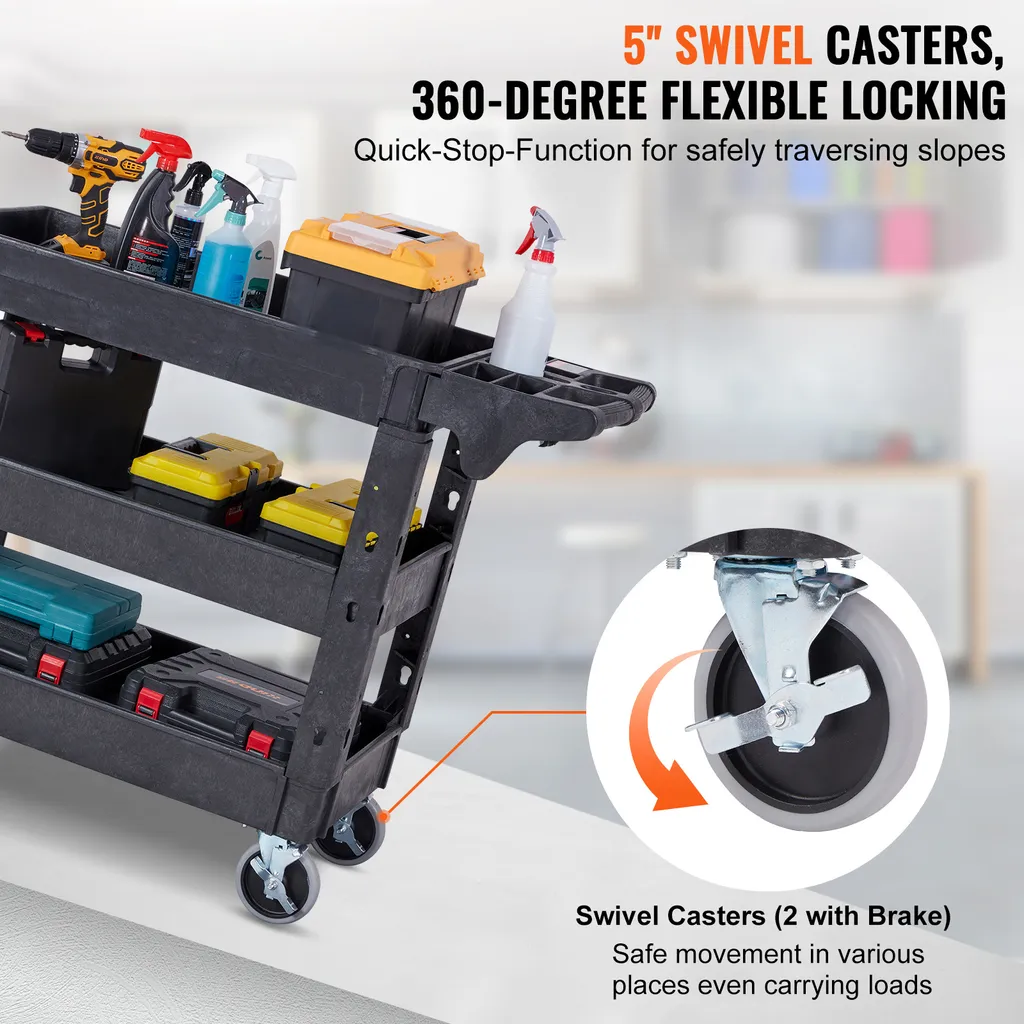 Carrello di servizio VEVOR 103x43,5x85,7cm Carrello di servizio Capacità di carico 249 kg Carrello in polipropilene Carrello multiuso con 3 scomparti Carrello da cucina con ruote piroettanti Carrello per nicchie Carrello per officina Carrello di servizio - 3