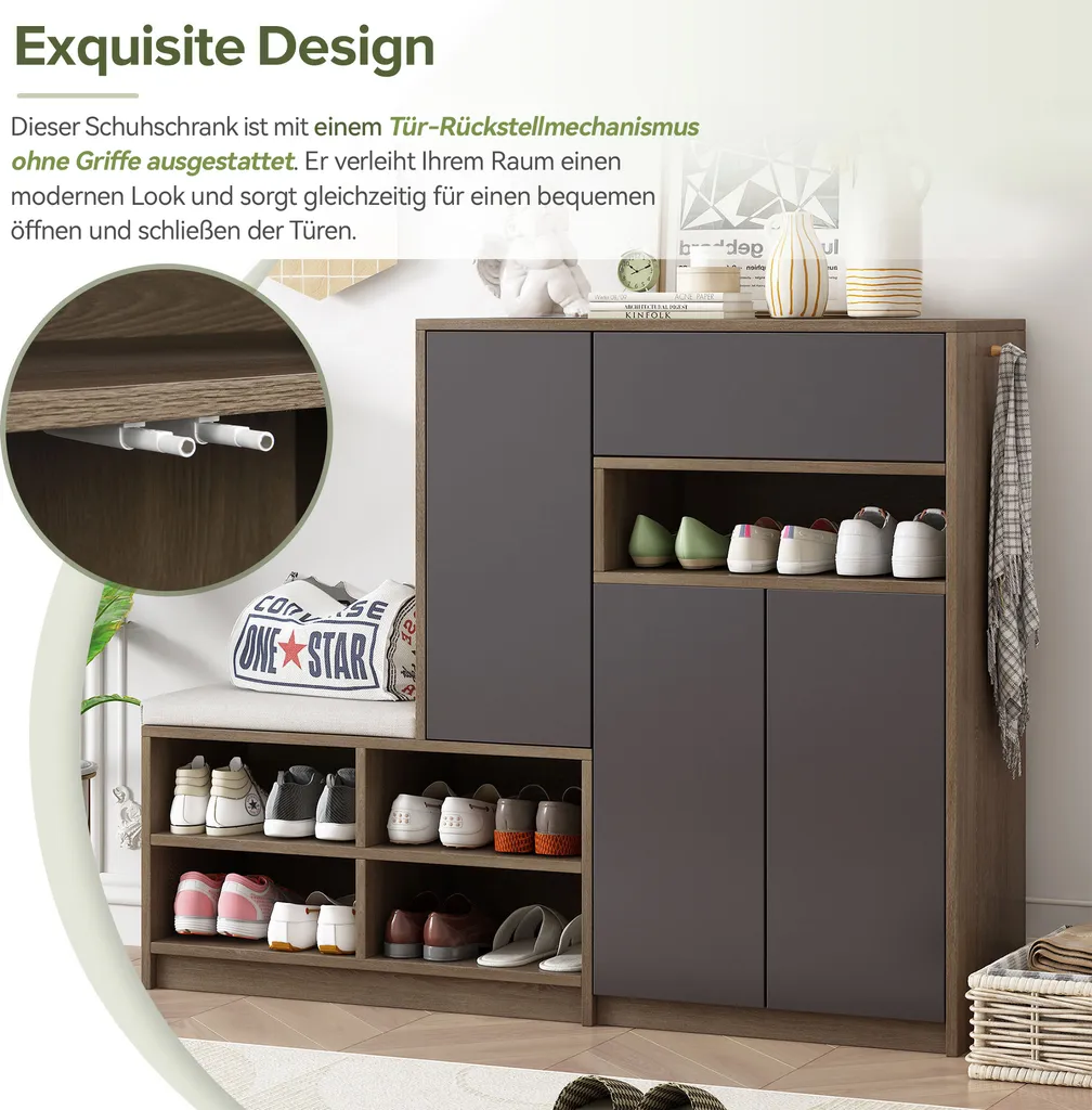 Solution gain de place : armoire chaussures grise avec siège et rangement