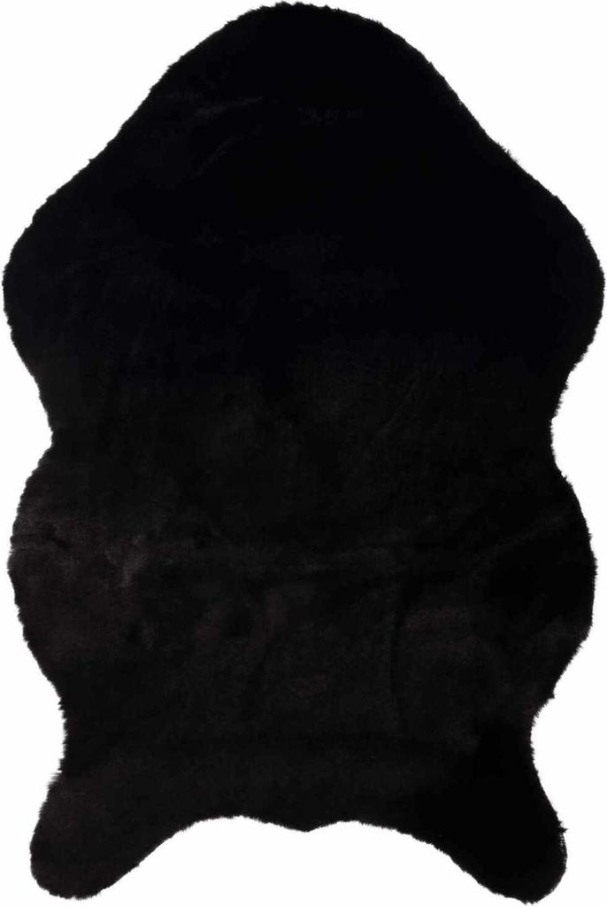 A black sheepskin rug is shown from a top-down perspective on a white background.