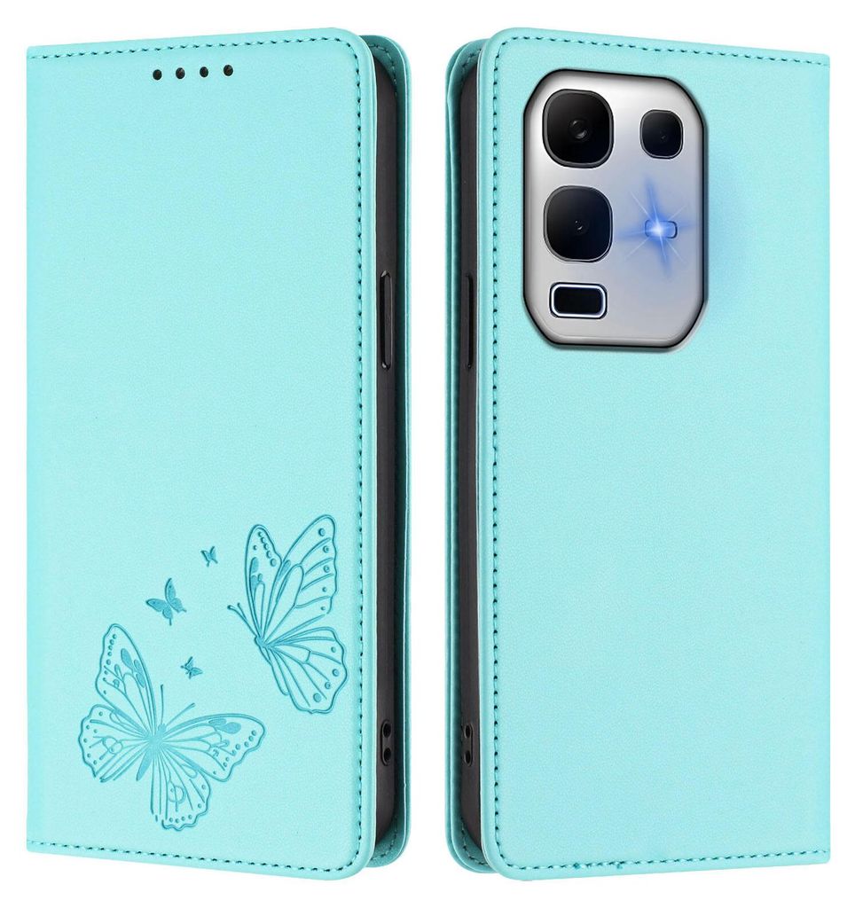 Lederhülle für Infinix Note 50X 5G, Schmetterling Prägung Leder Brieftasche Schutzhülle mit Ständer Türkis