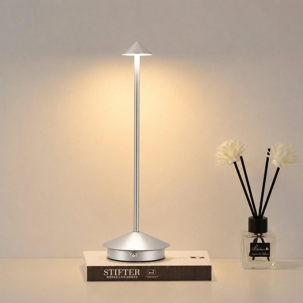 LED Nachttischlampe Kabellose Dimmbare LED Tischleuchte Tischlampe,Stufenloses Dimmen in drei Farben,Tragbare USB Aufladbar kabellose lampe,Silber