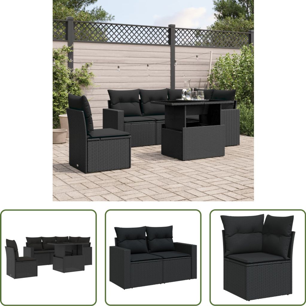 The Living Store 6-tlg. Garten-Sofagarnitur mit Kissen Schwarz Poly Rattan