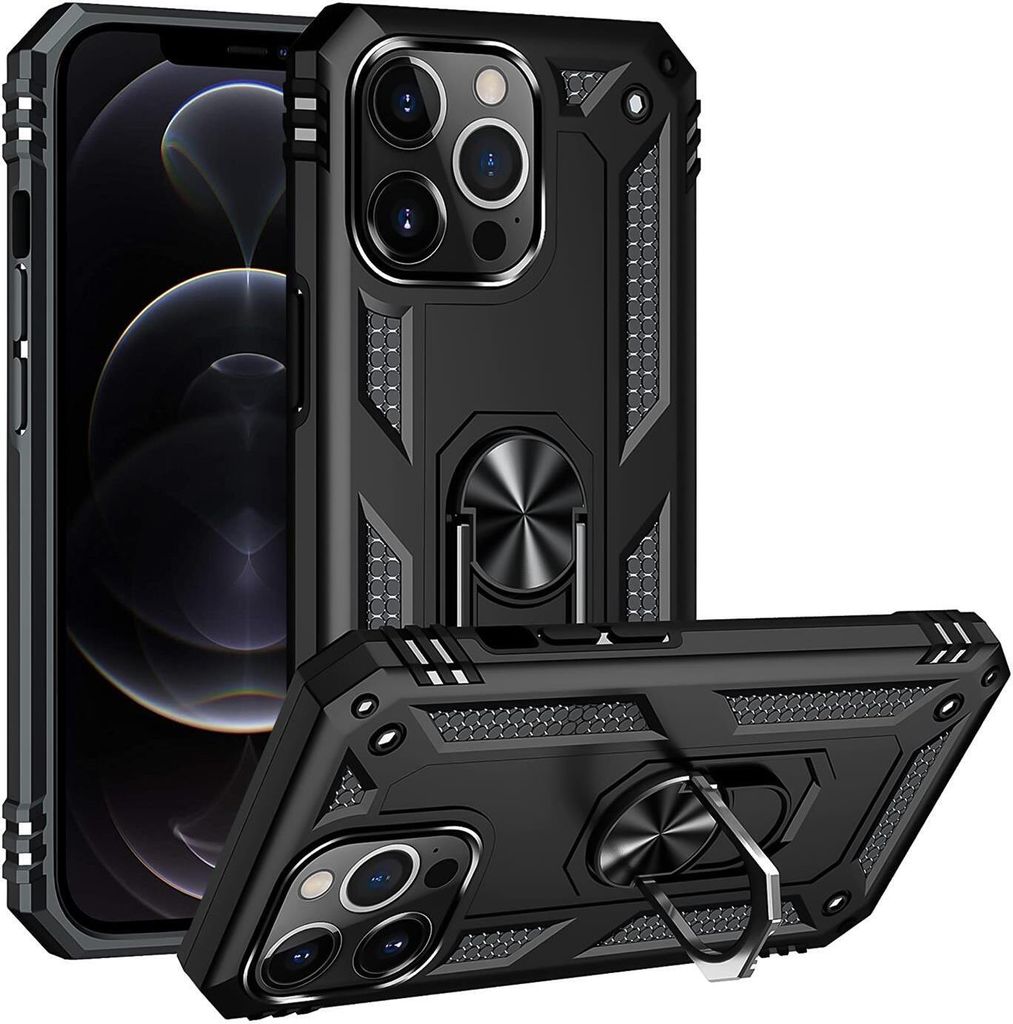 Conie Outdoor Schutzhülle für iPhone 12 Pro Max Tasche Silikon Hard Case Cover Hülle mit Halter Ständer in Schwarz