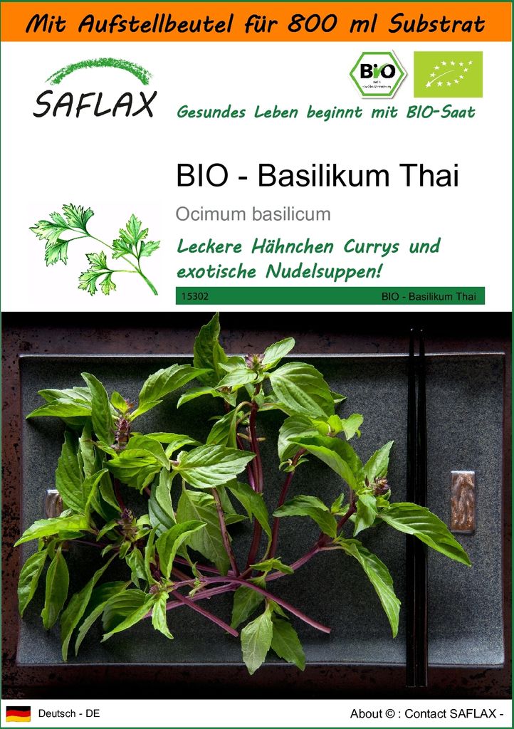 SAFLAX - Garden in the Bag - BIO - Basilikum Thai - 250 Samen - Mit Anzuchtsubstrat im praktischen, selbst aufstellenden Beutel - Ocimum basilicum