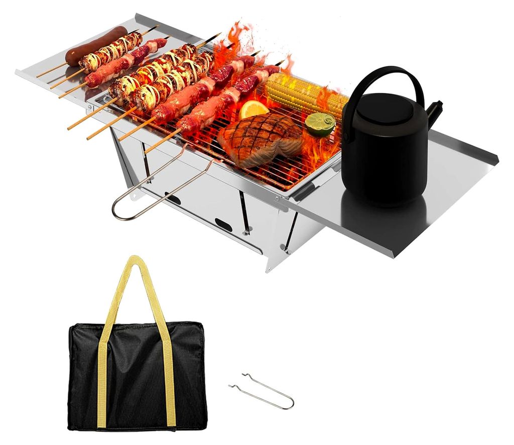 Faltbarer Holzkohlegrill Tragbarer BBQ Campinggrill - 1 Sekunde Aufklappen Edelstahl Picknickgrill Kleiner Grill mit Tasche für Camping Outdoor Gr...