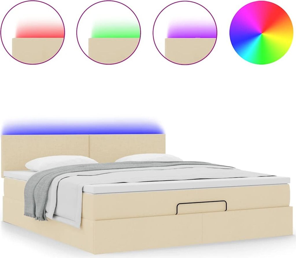 (Robust Möbel)Ottoman-Bett Modernes/Doppelbett - Polsterbett Erwachsene/r /Kind - mit Matratze & LEDs Creme 160x200cm Stoff - Klassische Bette...
