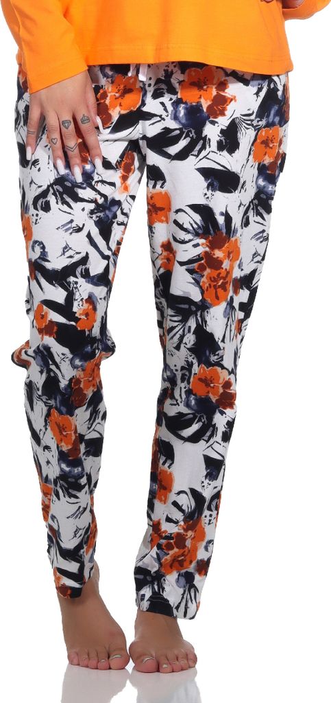 Damen Schlafanzug Pyjama Hose lang Mix & Match mit floralen Print - perfekt zu kombinieren ; orange , 36
