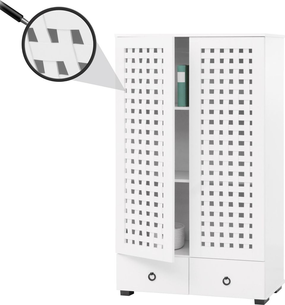 Schrank MCW-N87, Wohnzimmerschrank, 3D-Flecht-Design 2 Türen 3 Staufächer 2 Schubladen Soft-Close, 138x80x36cm weiß