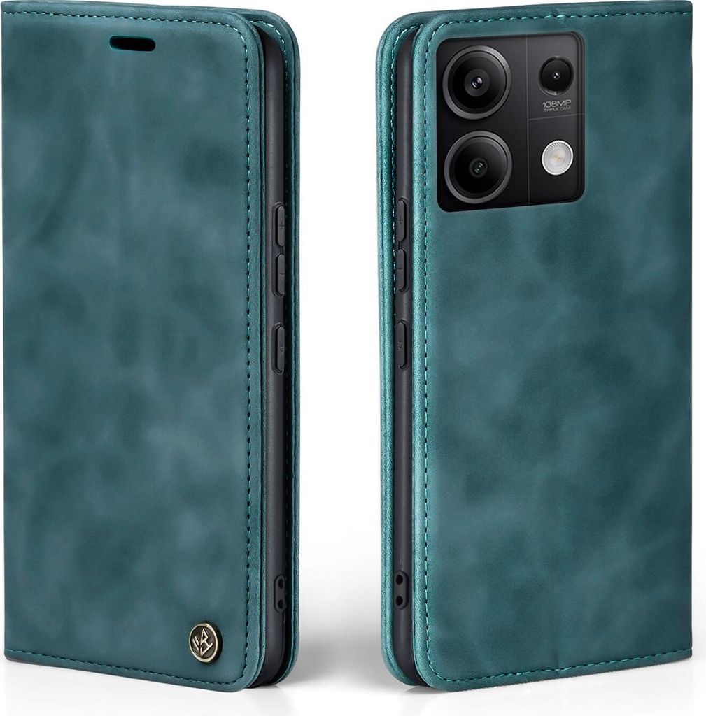 A teal flip-style phone case for a Xiaomi Redmi Note 13 5G is shown from two angles, front and back.