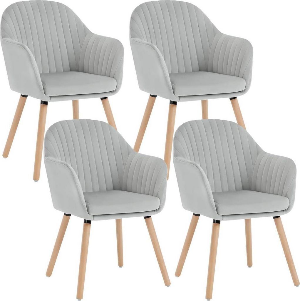 Four light gray upholstered dining chairs with wooden legs are arranged in a grid formation against a white background.