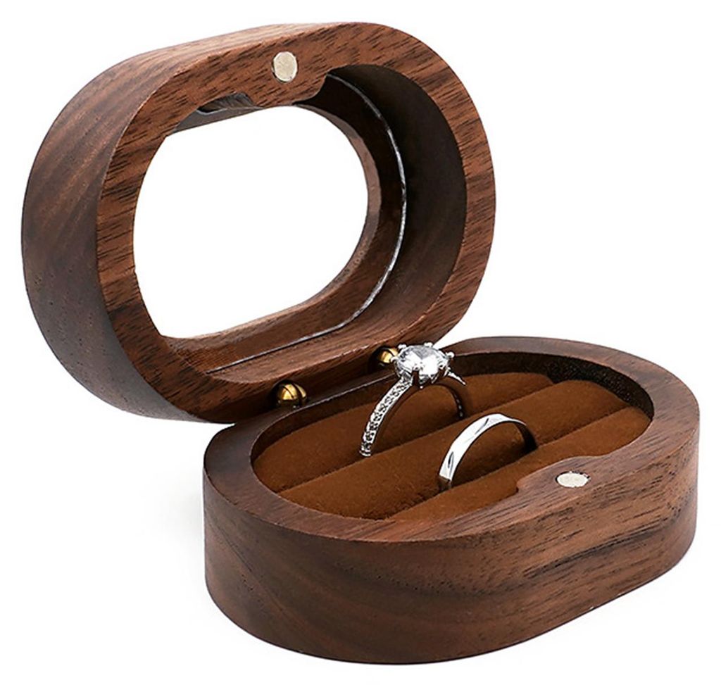 Ringkästchen aus Holz mit 2 Fächern, kleines Doppelringkästchen aus Holz, rustikale Schmuckaufbewahrungsbox für Verlobung, Heiratsantrag, Valen...