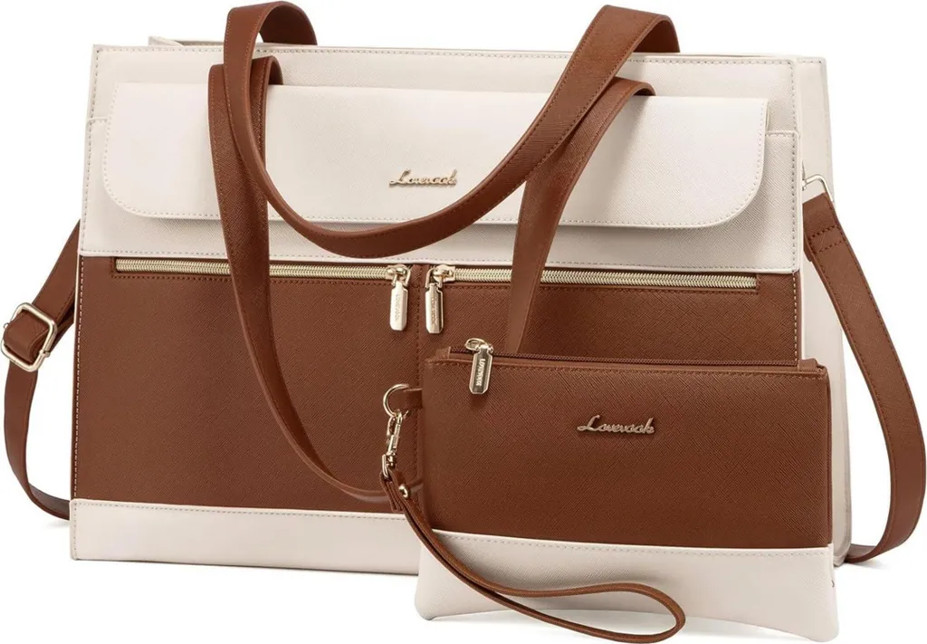 Sacoche ordinateur femme 15,6 pouces type cabas chic en cuir marron PU