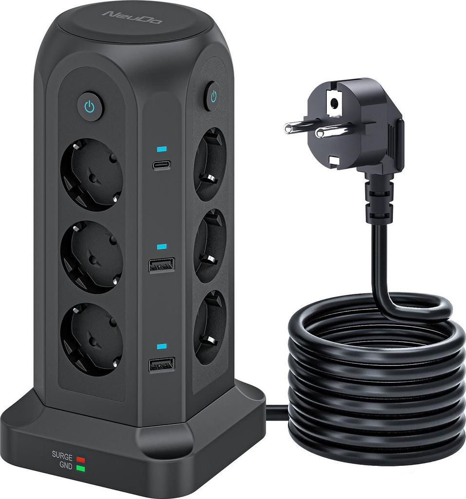 A black power strip tower with multiple outlets and USB ports, along with its coiled power cord and plug, is displayed against a white background.