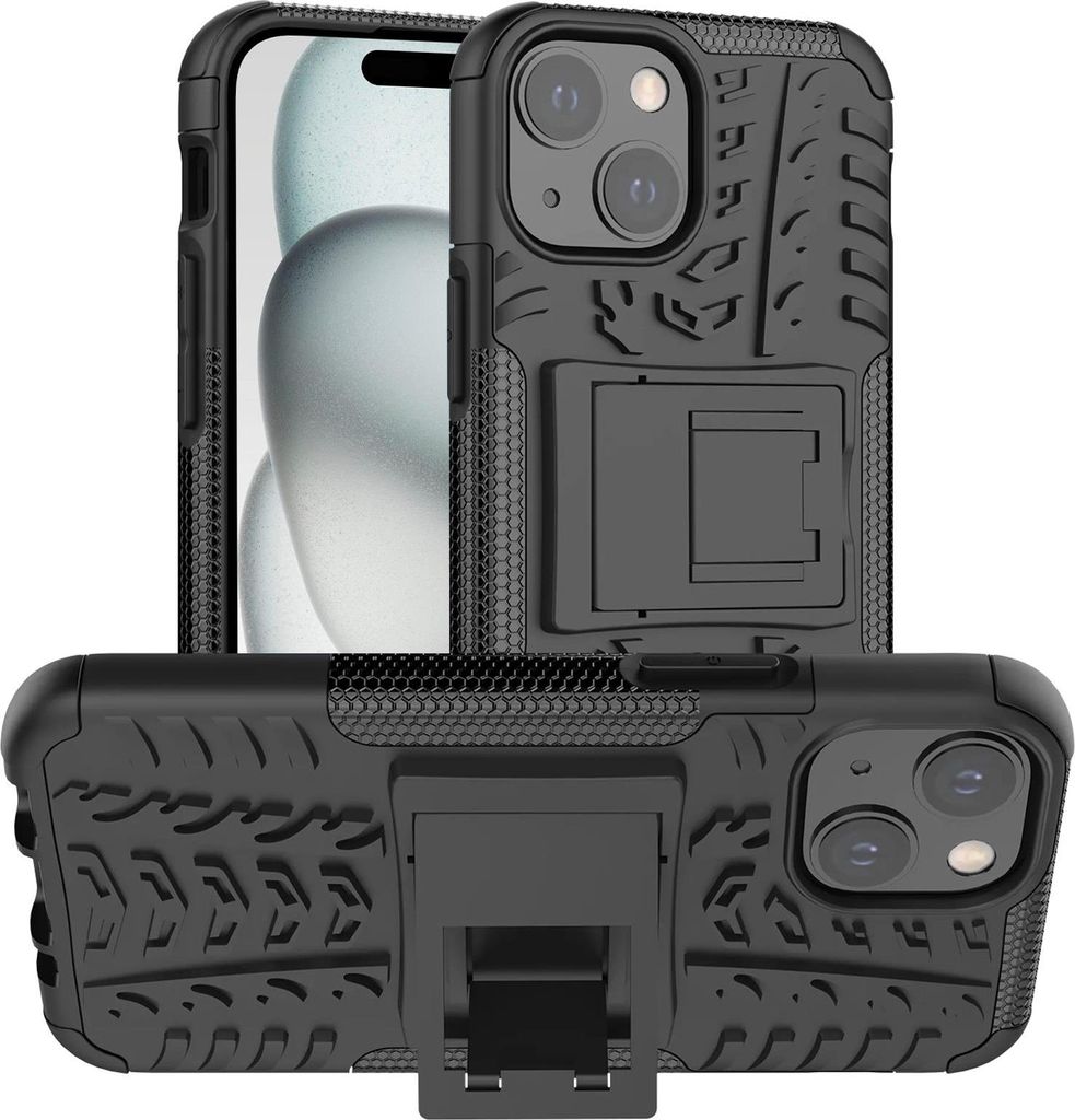 A black iPhone case with a tire tread pattern and a kickstand is shown from multiple angles.