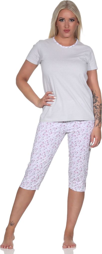 Floraler Damen Capri Pyjama Schlafanzug mit Streifen, 3/4 Hose & Rundhals ; grau , 40-42