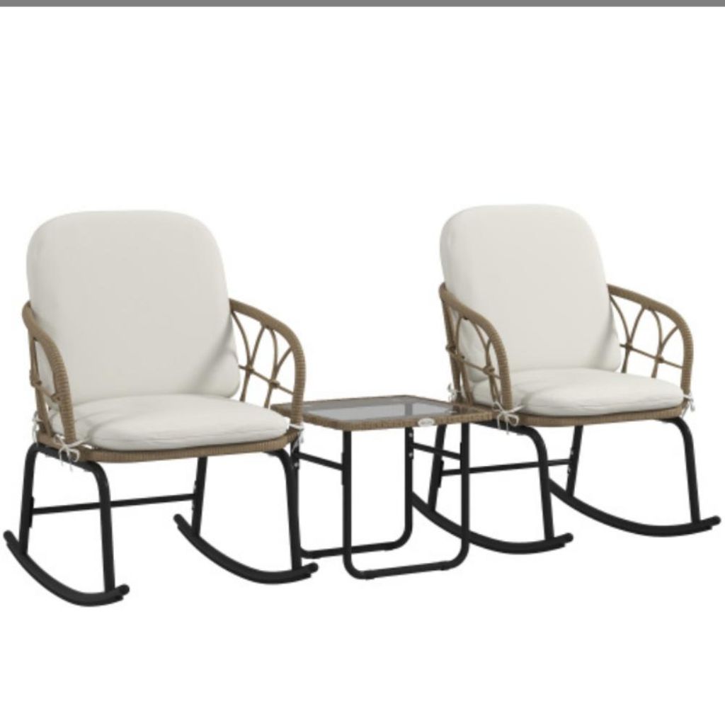 3-tlg Schaukelstuhl-Set mit 2 Schaukelstühlen & 1 Couchtisch, Gartenmöbel-Set mit Kissen für Terrasse & Balkon