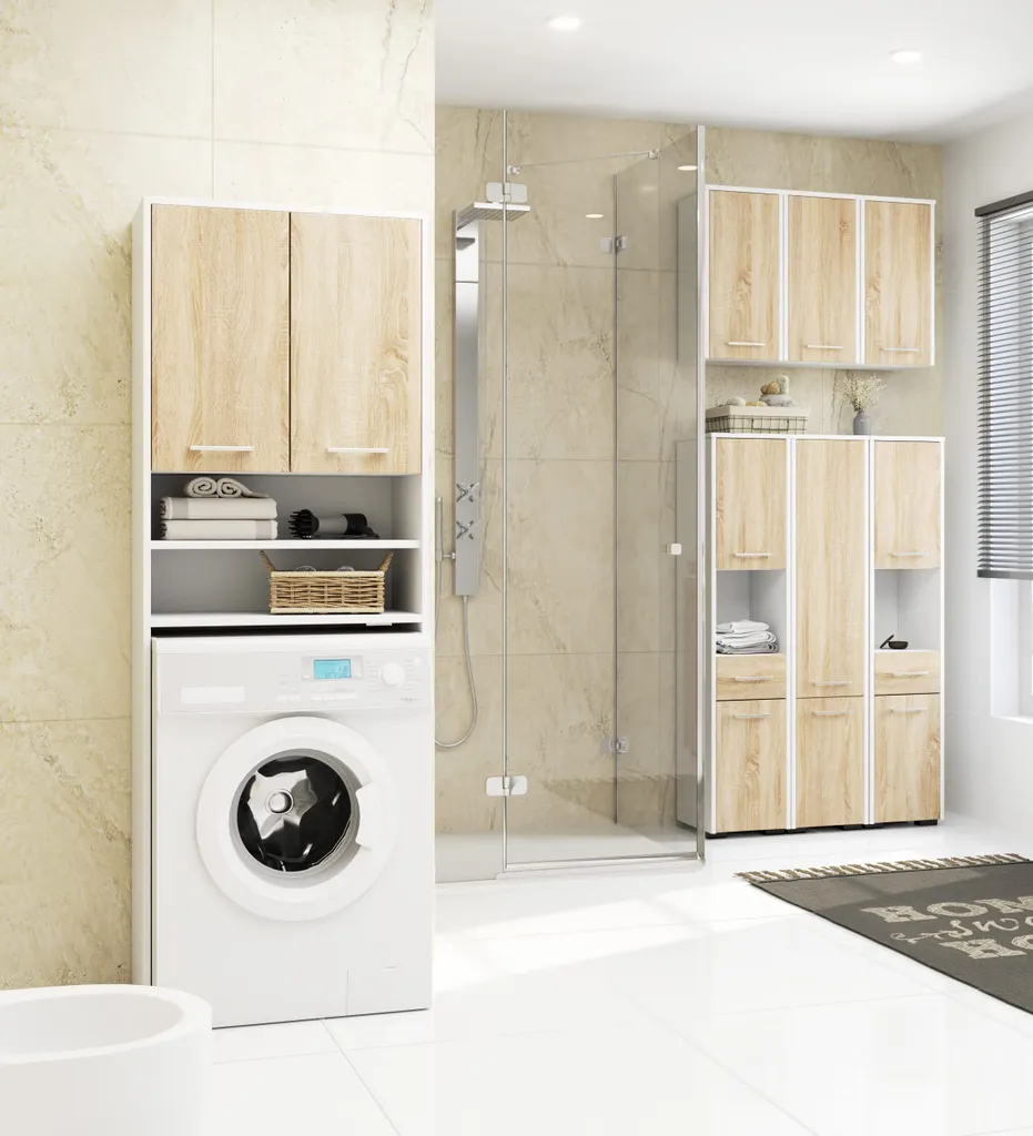 Mobile Lavatrice BDW 180x64x30 cm | Armadio Bagno Bianco e Rovere Sonoma - 4