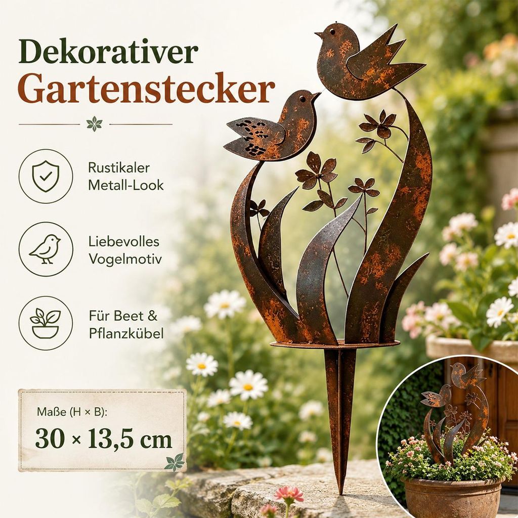 Gartenstecker Metall mit Vogel & Wildblumen, wetterfest