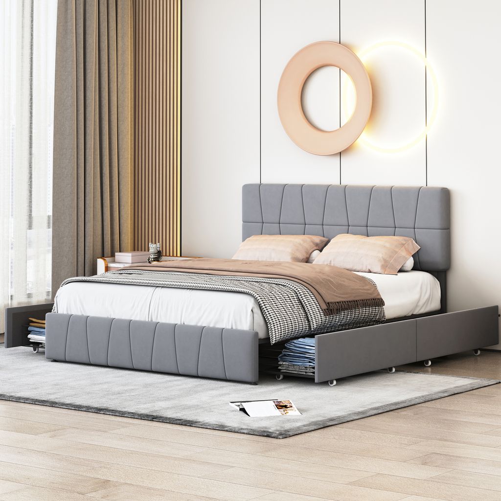Bettgestell (160 x 200 cm) mit höhenverstellbarem, gepolstertem Kopfteil, 4 Schubladen, Grau