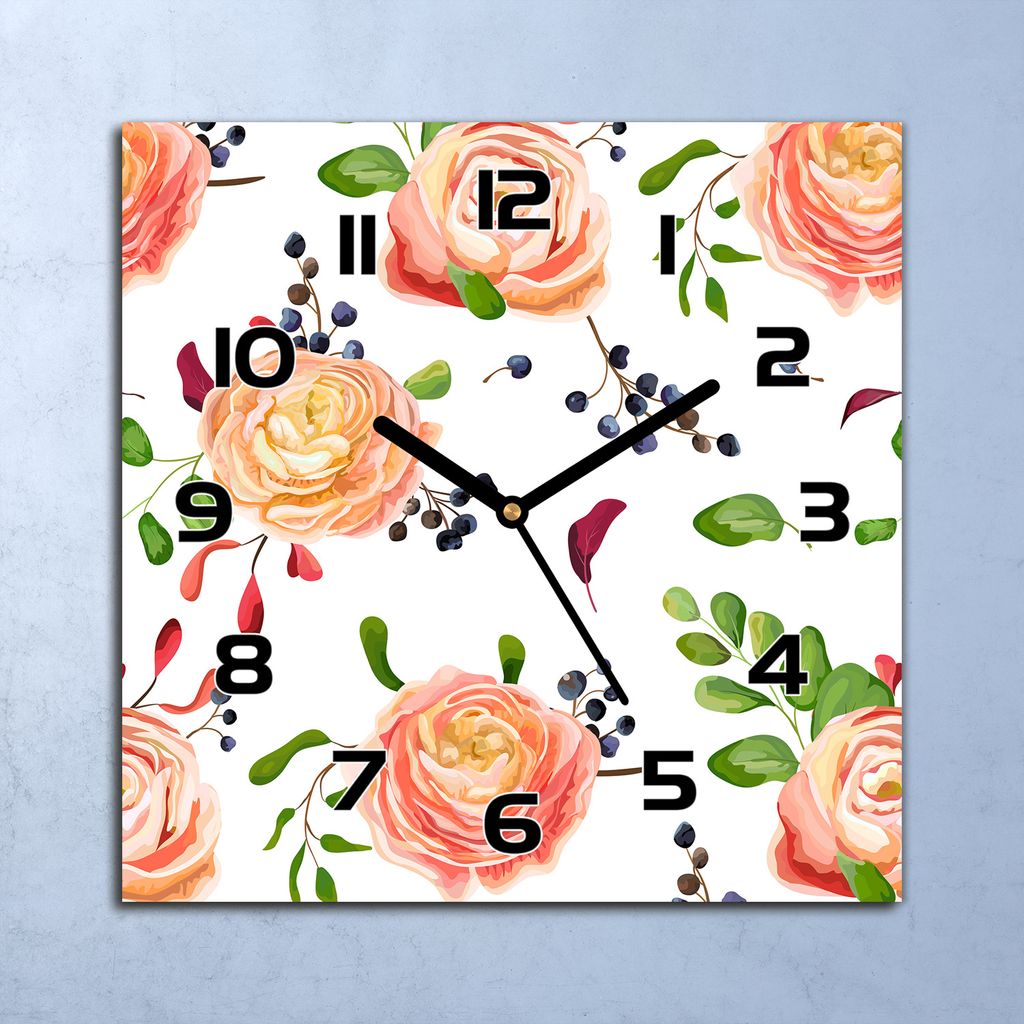 Wanduhr Echt-Glas-Küchenuhr Rosen und Beeren Quarz Lautlos 30x30 Deko Bilder