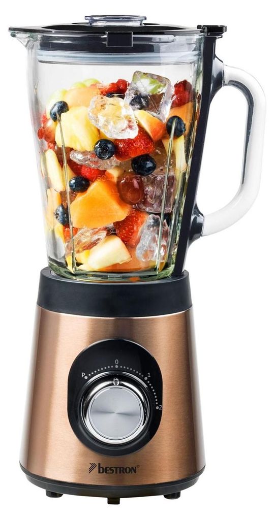 A copper-colored Bestron stand mixer filled with fruit and ice.