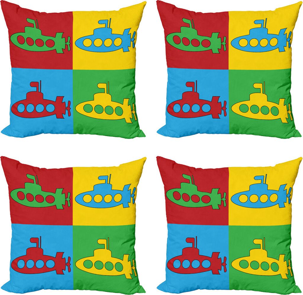 ABAKUHAUS U-Boot Kissenbezug Set (4 Stück), Nursery Piktogramm Squares, Moderner Doppelseitiger Digitaldruck, 45 cm x 45 cm, Mustard Sky Blue