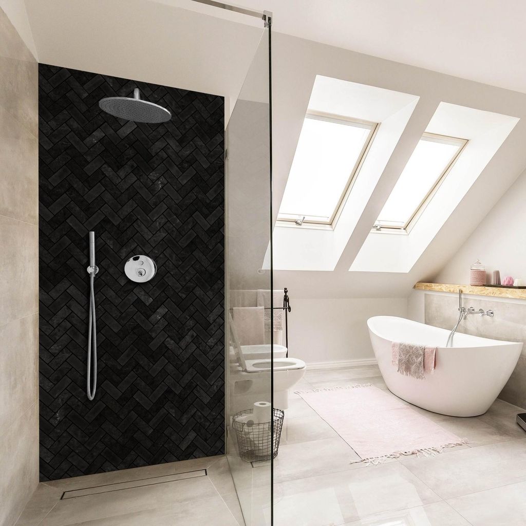 Duschrückwand mit Motiv selbstklebend - 0.35 mm Wandpaneel wasserfest Design schwarz Fliesenoptik Badrückwand fugenlos Smart matt 80x190 cm